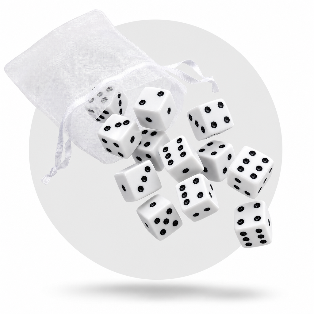 White 16mm bunco dice with black pips spilling from organza gift bag