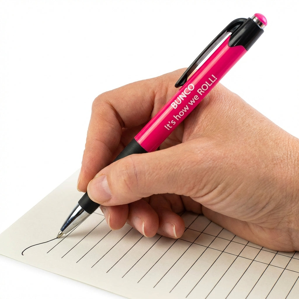 Bunco pens with score sheets on the table