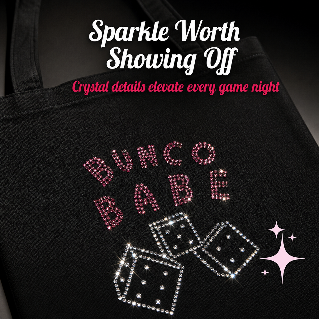 Crystal Bunco tote bag size and details infographic