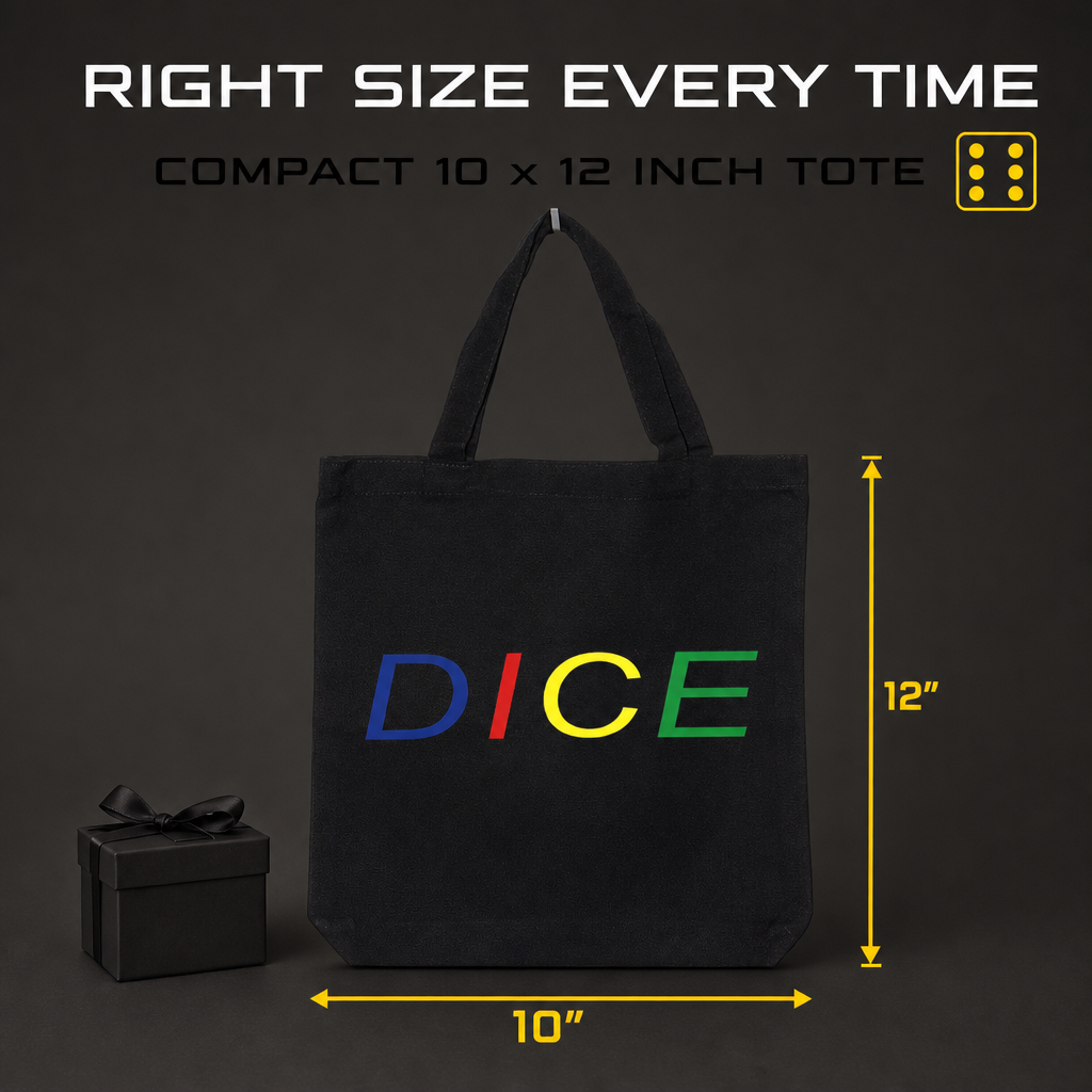 DICE tote bag features infographic
