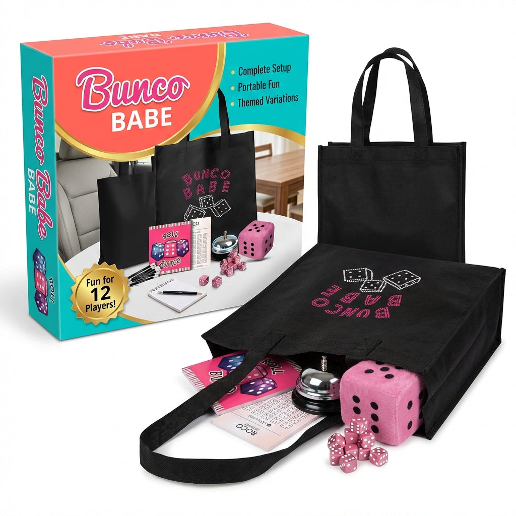 Bunco Babe Game Kit contents laid out with crystal tote