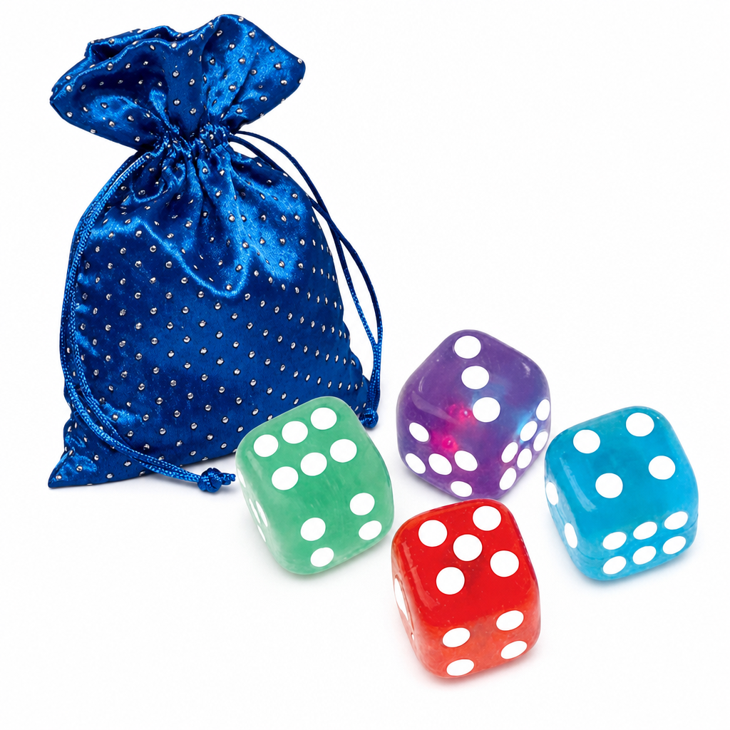 LED flashing dice set with blue velour bag — perfect for bunco night, birthdays, and girls' night out