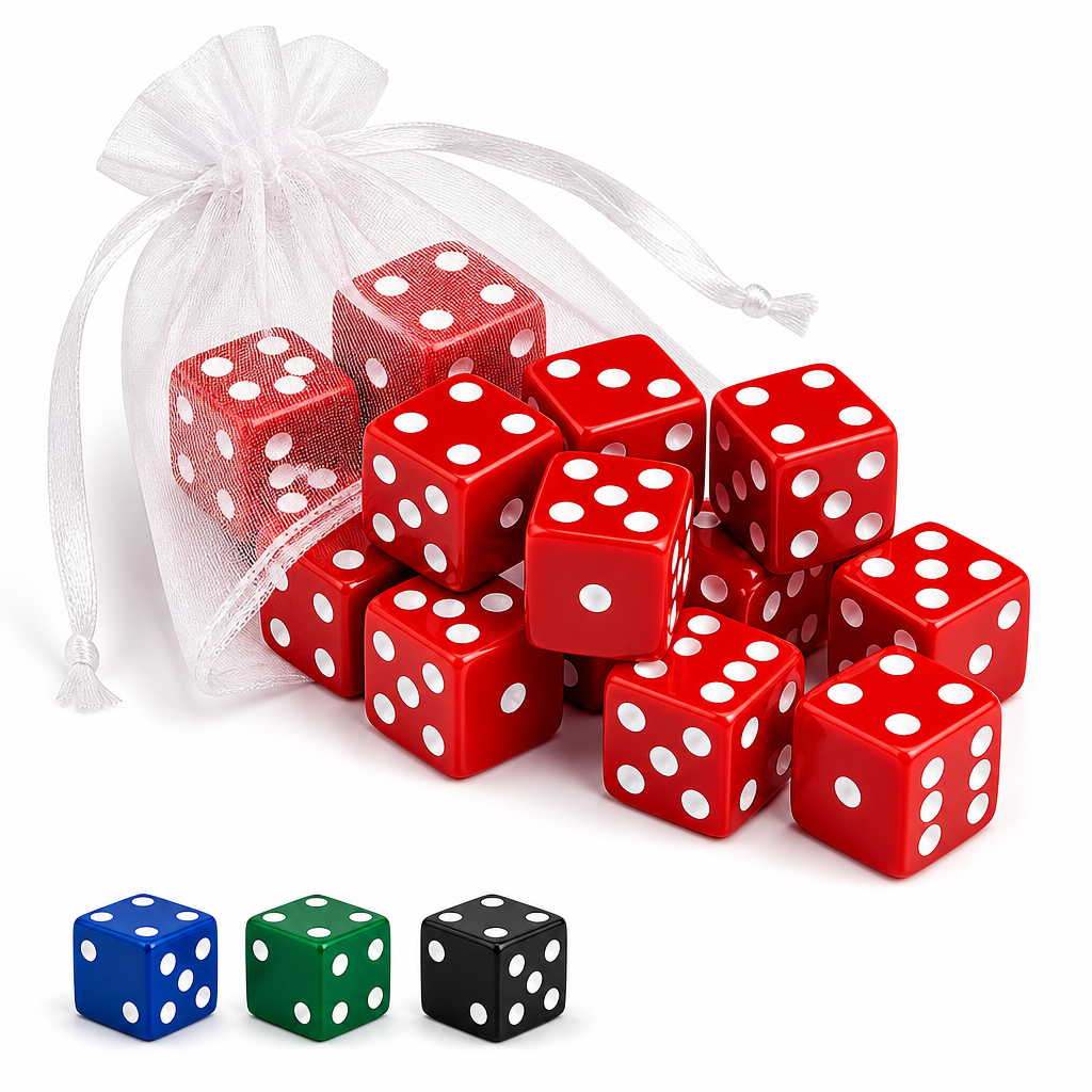 Red 16mm bunco dice with white pips spilling from organza gift bag