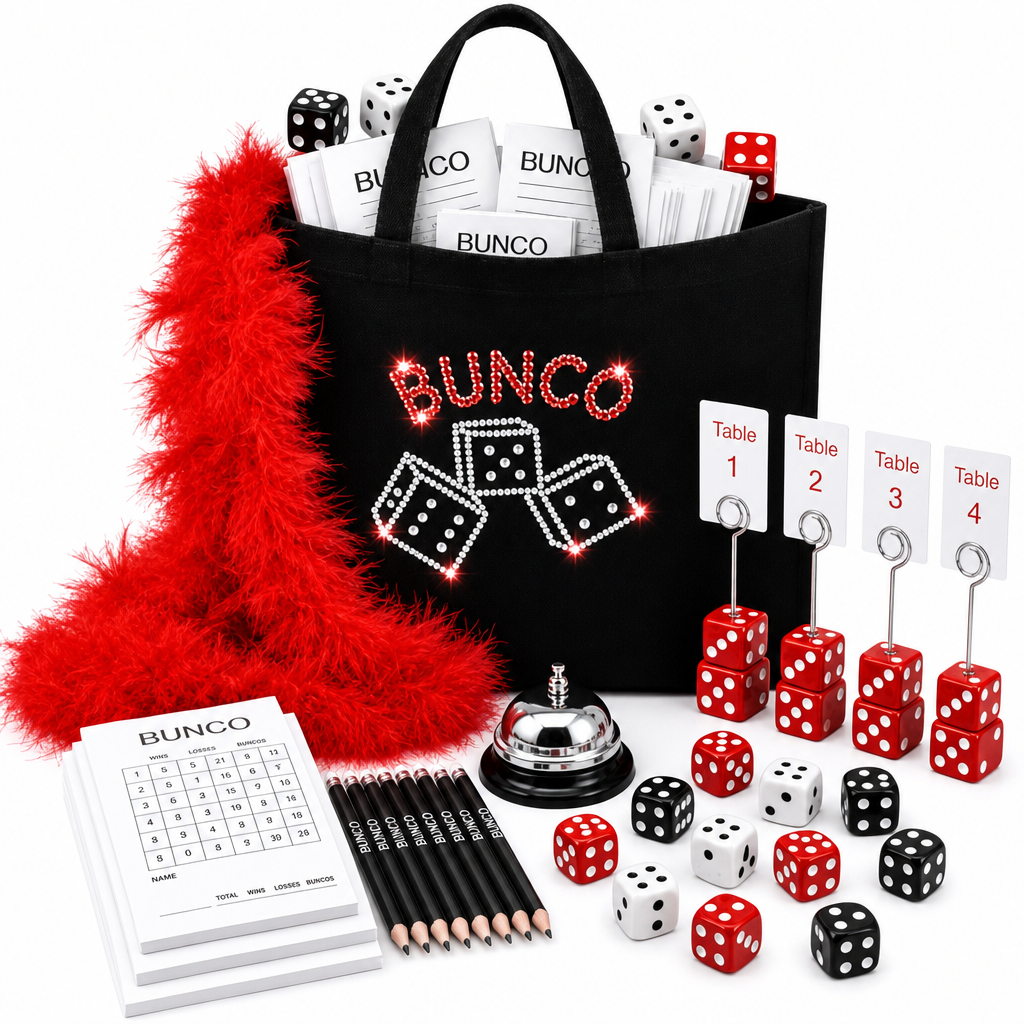 Bunco Game Kit for 16 players with rhinestone tote, red feather boa, dice, table stands, bell, score sheets and pencils