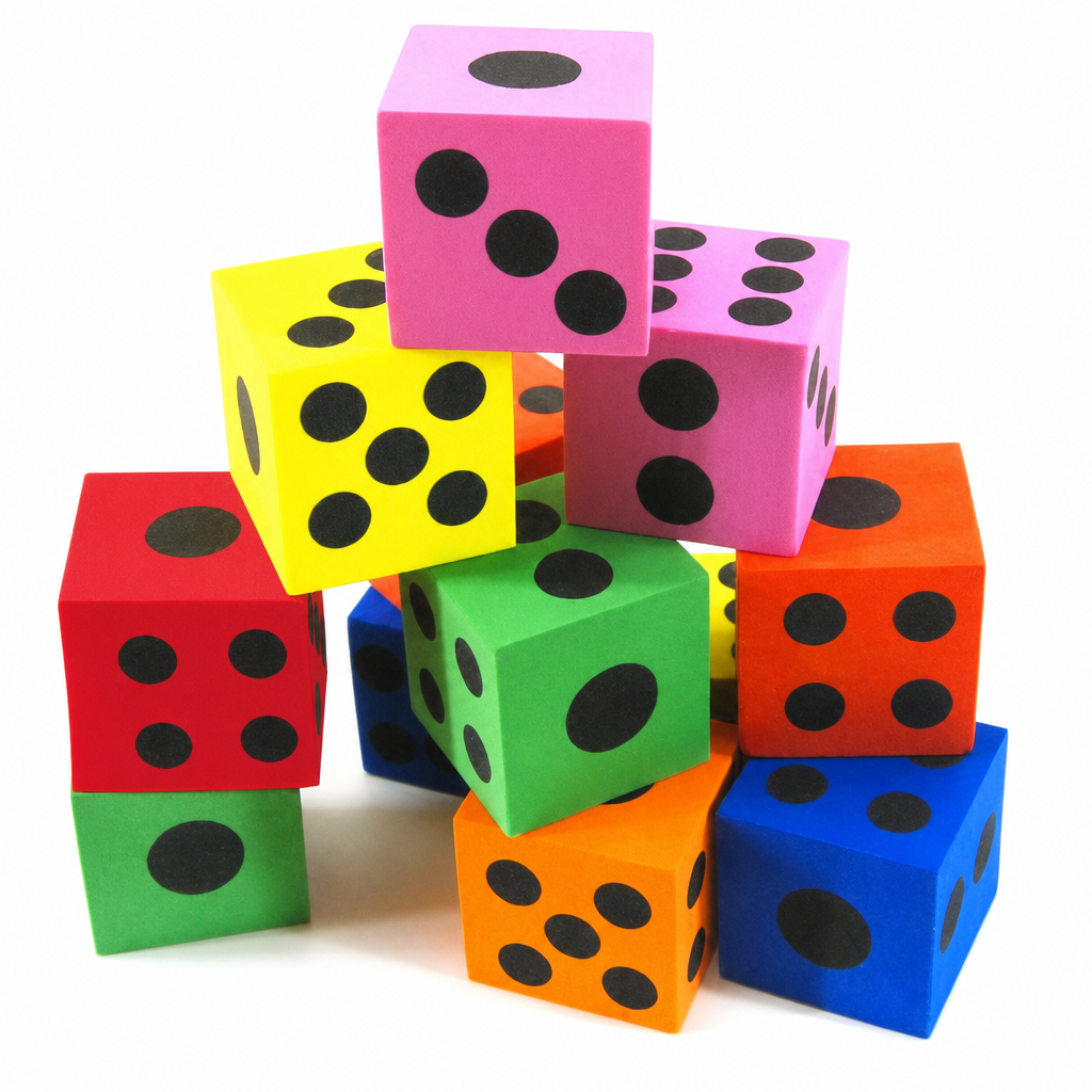 Foam dice on game table