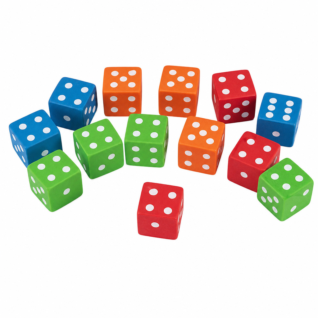 Dice Erasers 1 inch 12 pack assorted colors on white background — Twilight Bunco