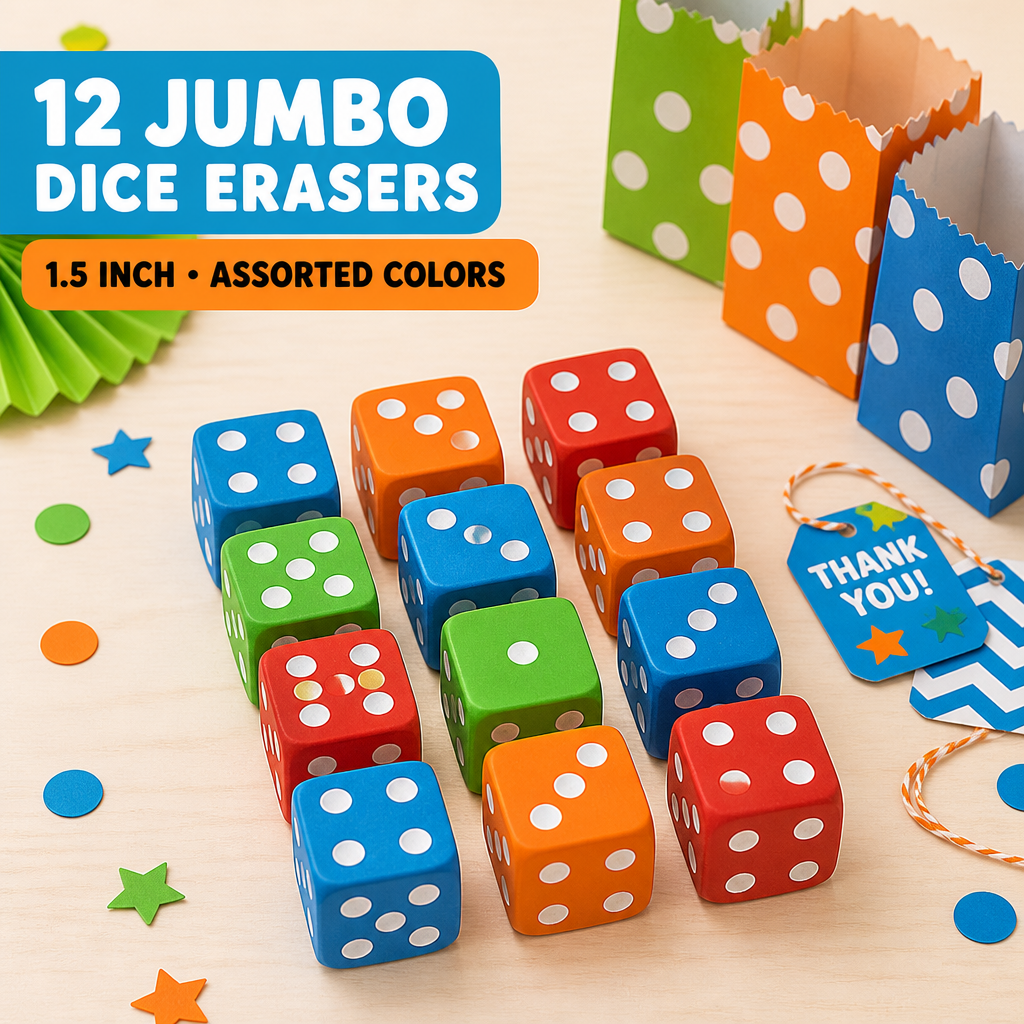 Dice erasers styled as party favors — perfect for bunco night and goodie bags