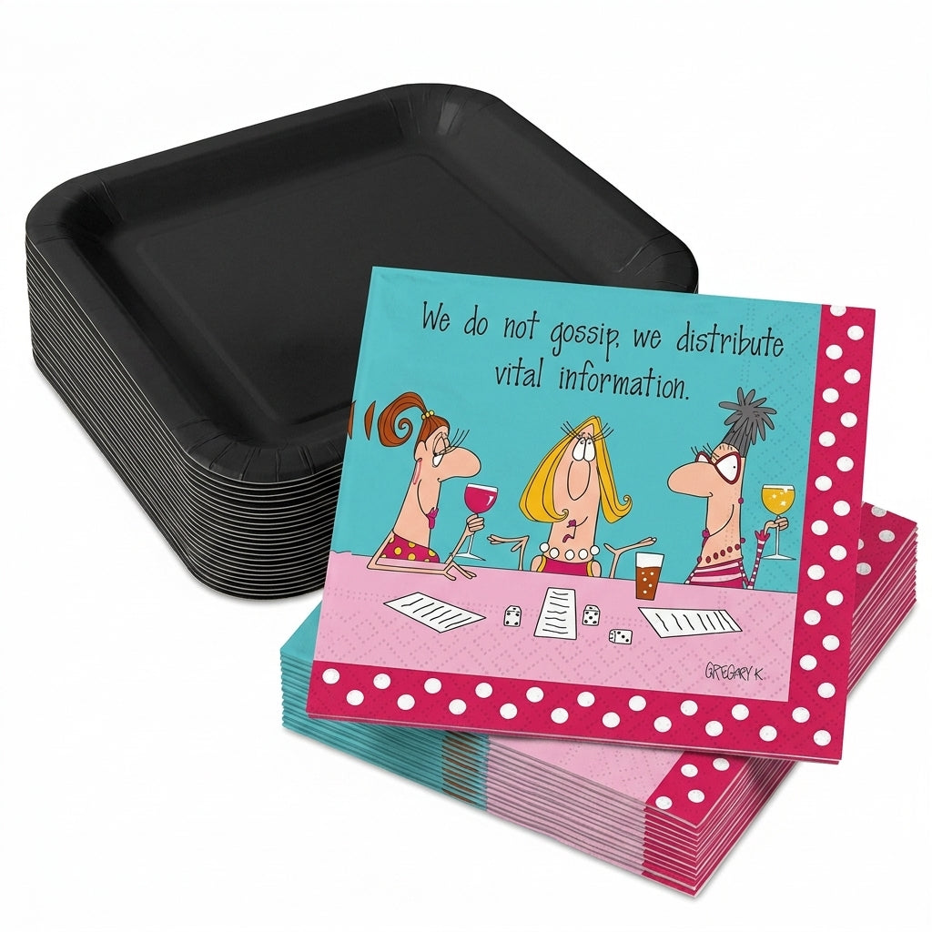 Black plates and bunco napkins on the table