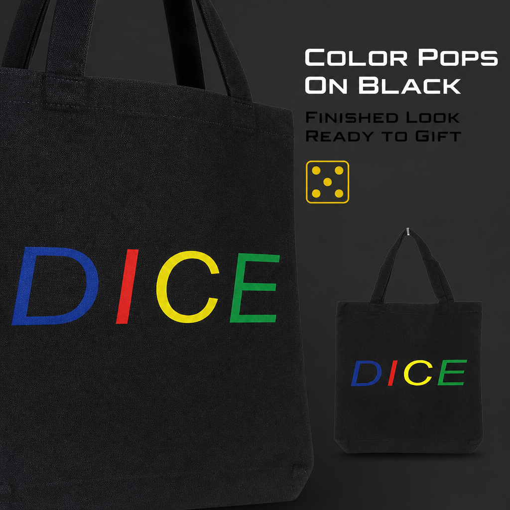 DICE tote bag size infographic