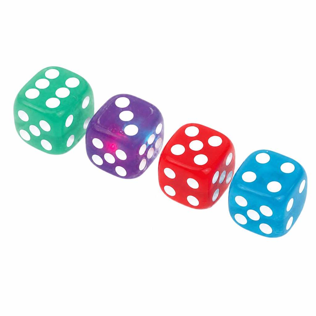 Four-color LED flashing dice 1.5 inch — green, purple, red, blue — Twilight Bunco