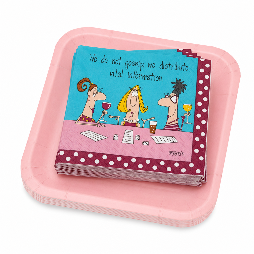 Bunco gossip napkins and pink plates set