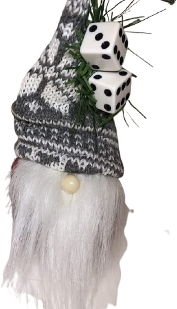 Blinking Bunco Gnome Christmas Ornament 6.5" – Light-Up with Greenery & 3 White Dice