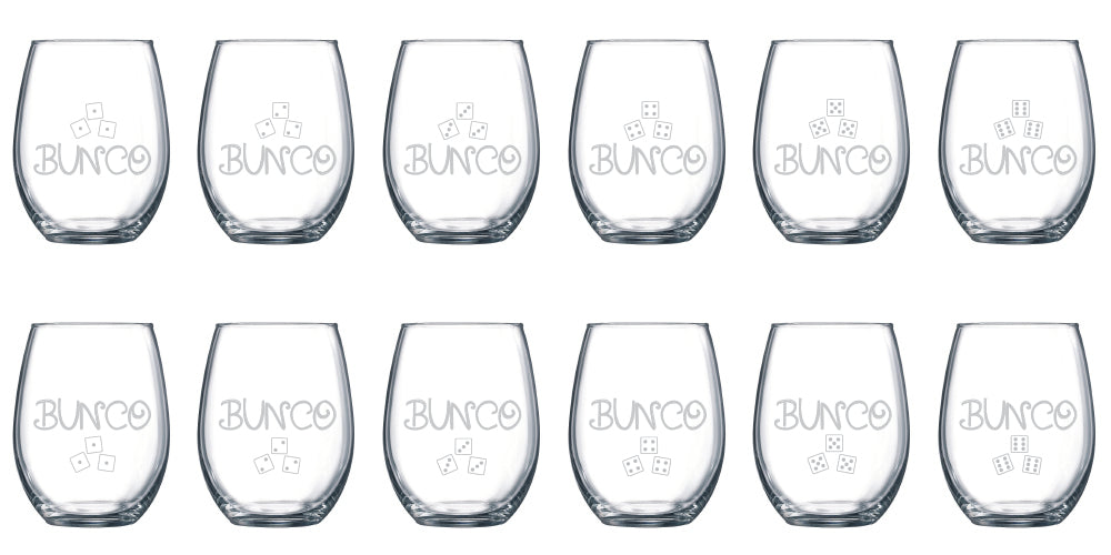 Bunco Wine Glasses Stemless - Etched Set of 12