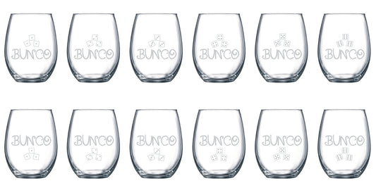 Bunco Wine Glasses Stemless - Etched Set of 12