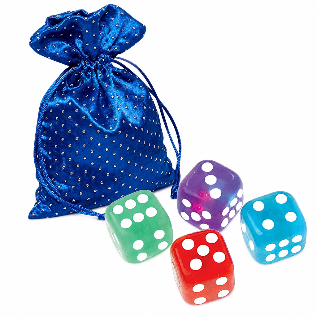 LED Flashing Dice 4 Pack with navy velour drawstring bag on white background — Twilight Bunco