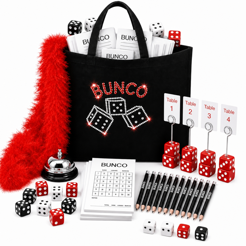 Complete 16-player Bunco kit contents laid out with crystal tote