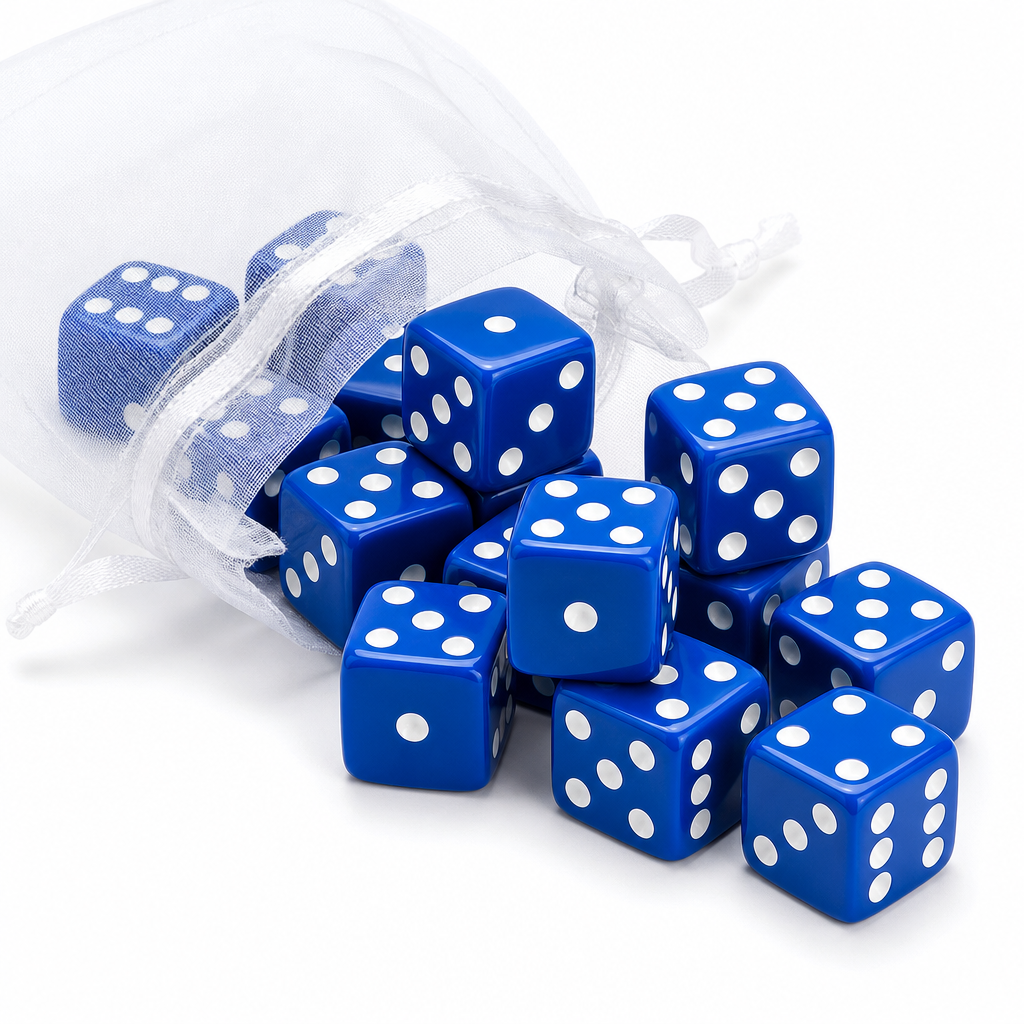 Blue 16mm bunco dice with white pips spilling from organza gift bag