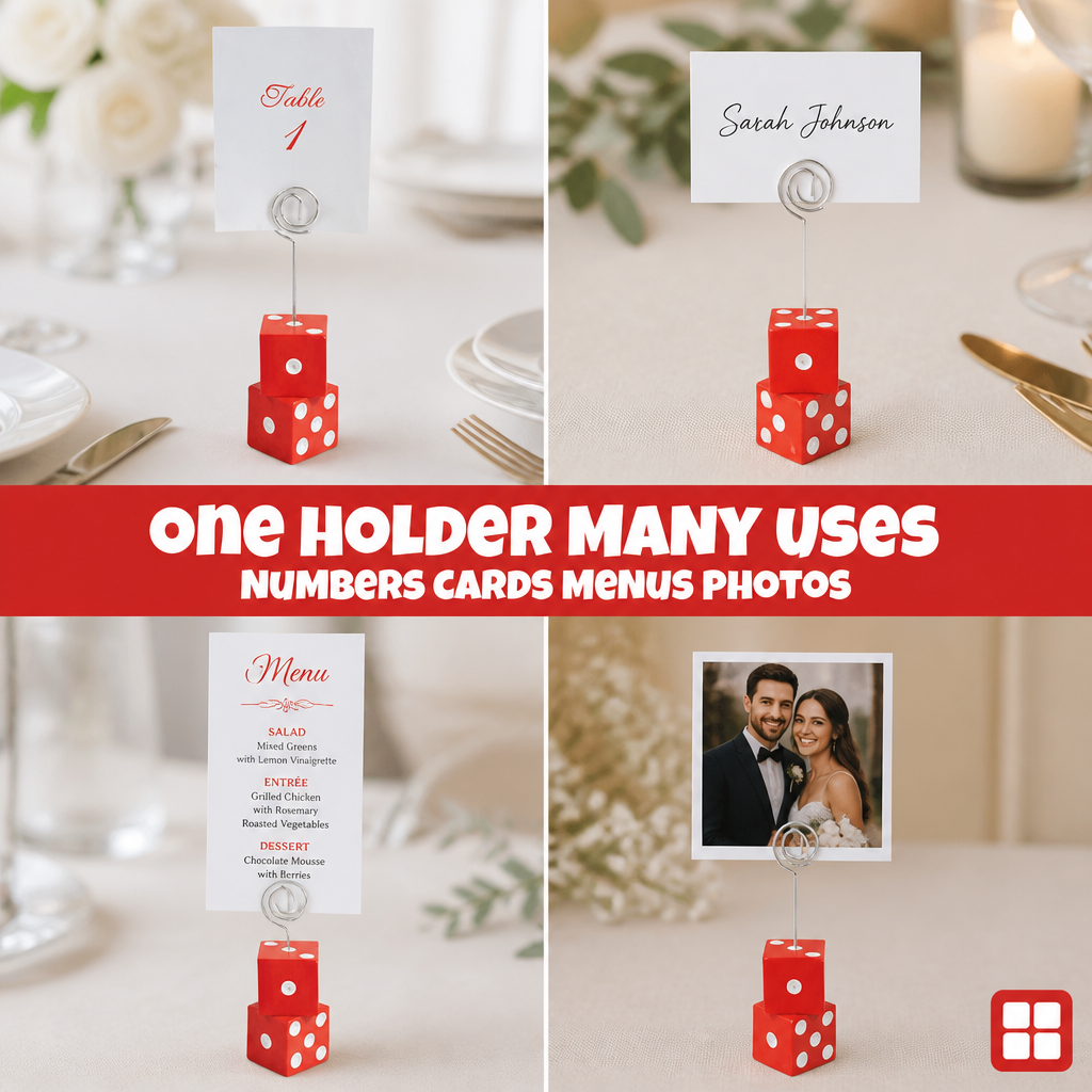 One holder, many uses — table numbers, place cards, menus, and photos