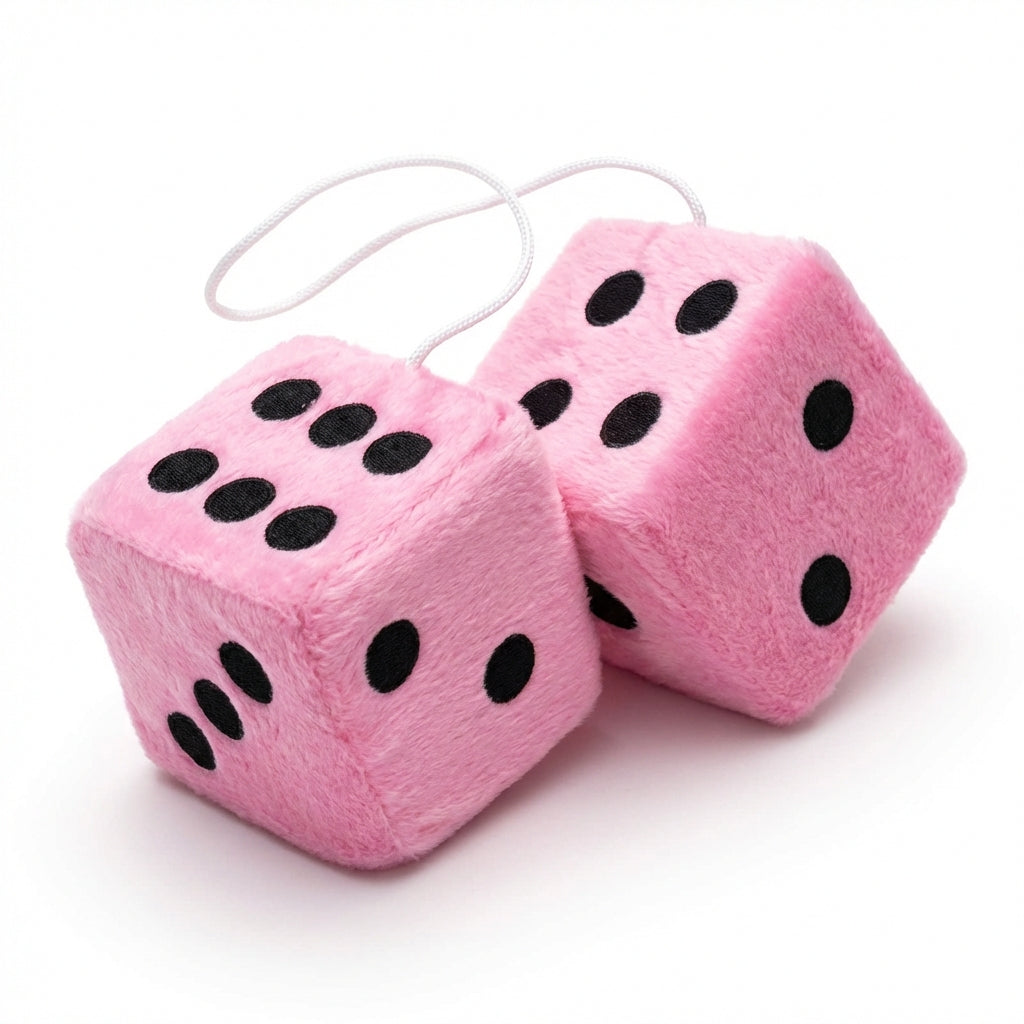 Pink fuzzy dice hanging on car mirror