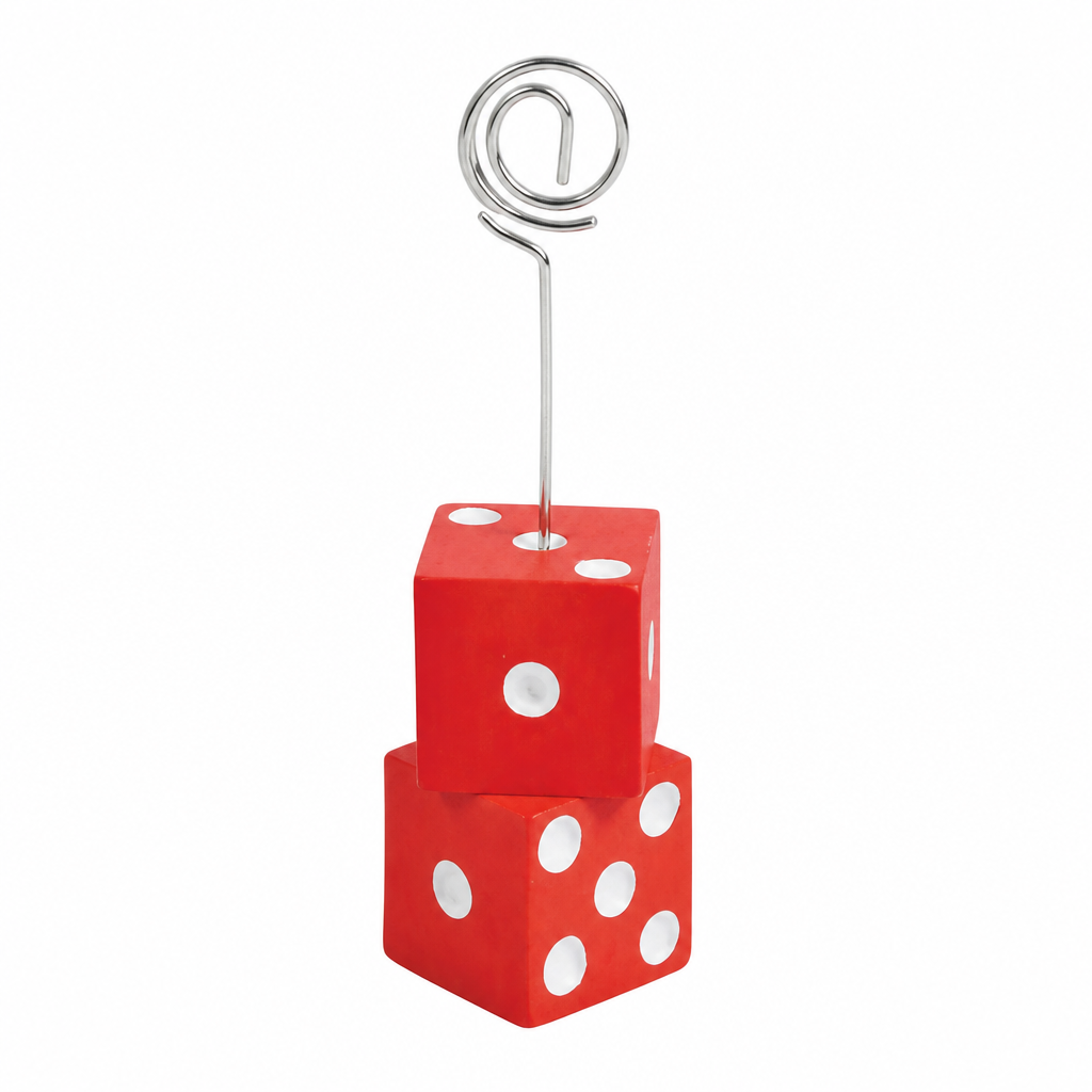 Dice place card holder — two stacked 1 inch red dice with silver spiral card clip, 4.75 inch holder on white background — Twilight Bunco