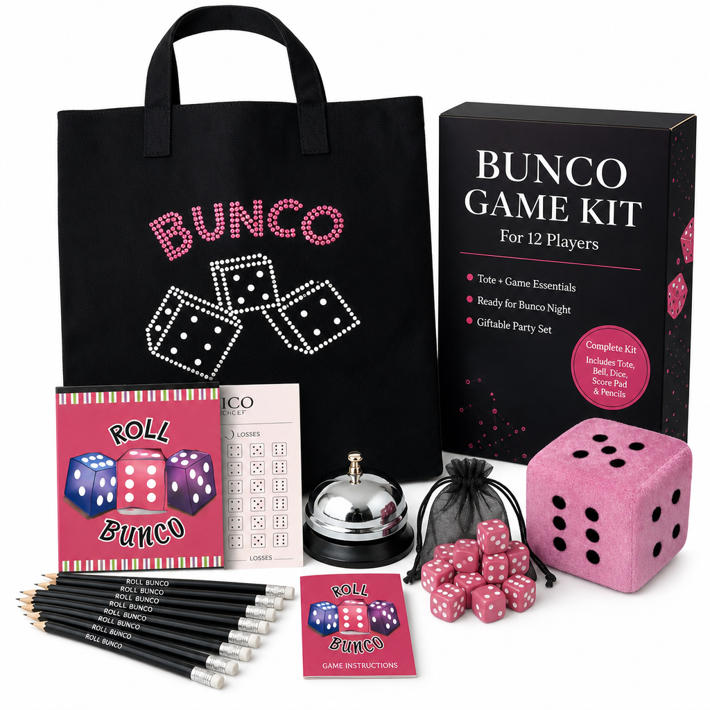 Bunco Game Kit branded box with crystal tote, dice, bell and plush die