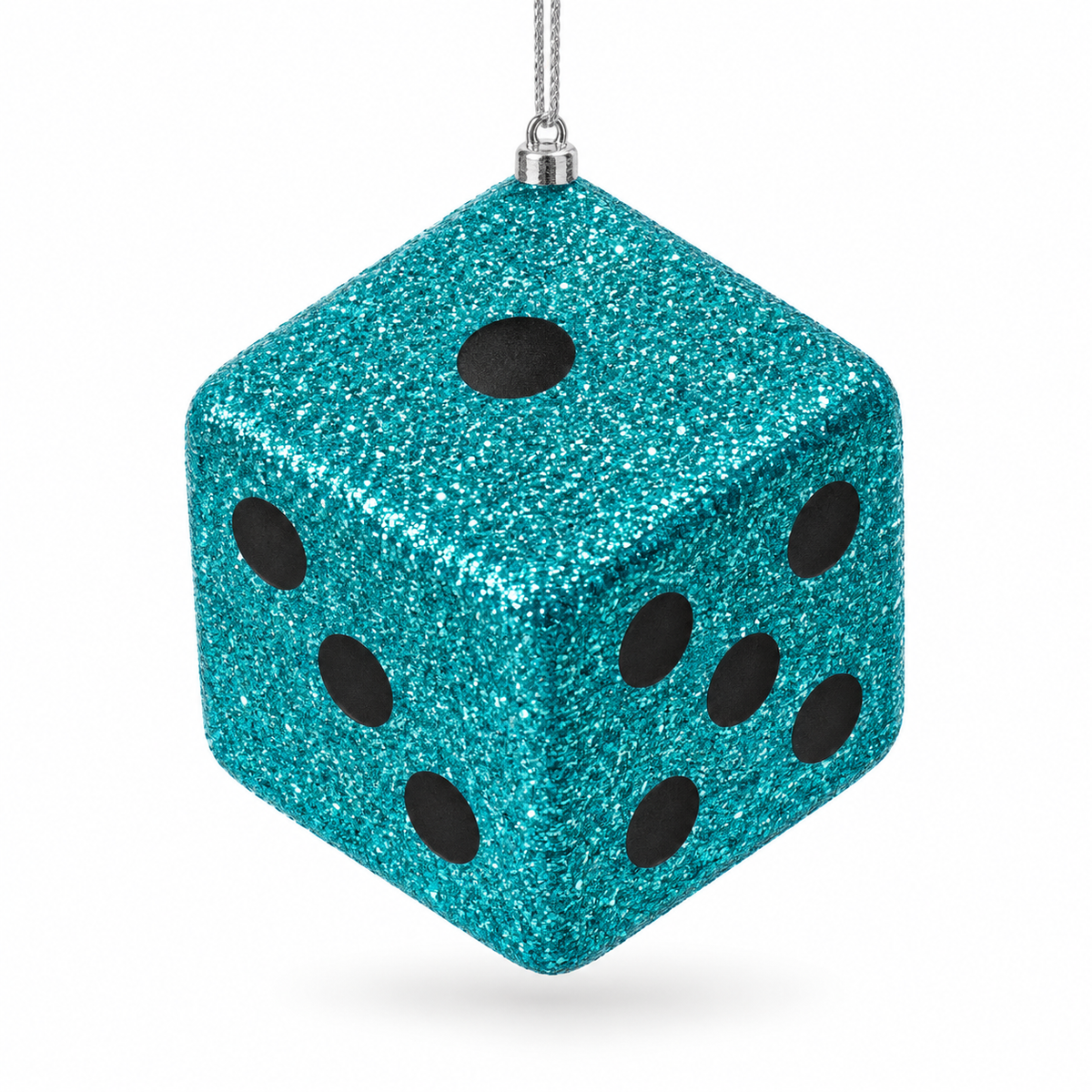 Bunco dice ornament - giant 4 inch teal glitter die on a white cord, studio product photo