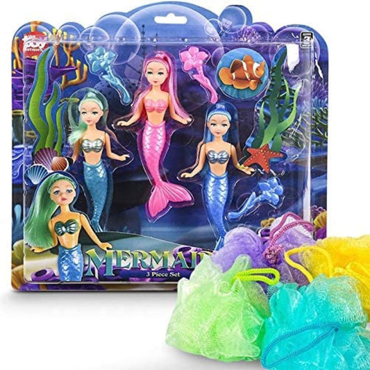 Mermaid Dolls & Bath Sponges - 6 Piece Set