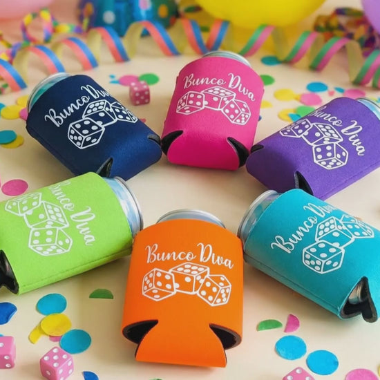 Bunco Diva can koozies 6-pack assorted colors - product video