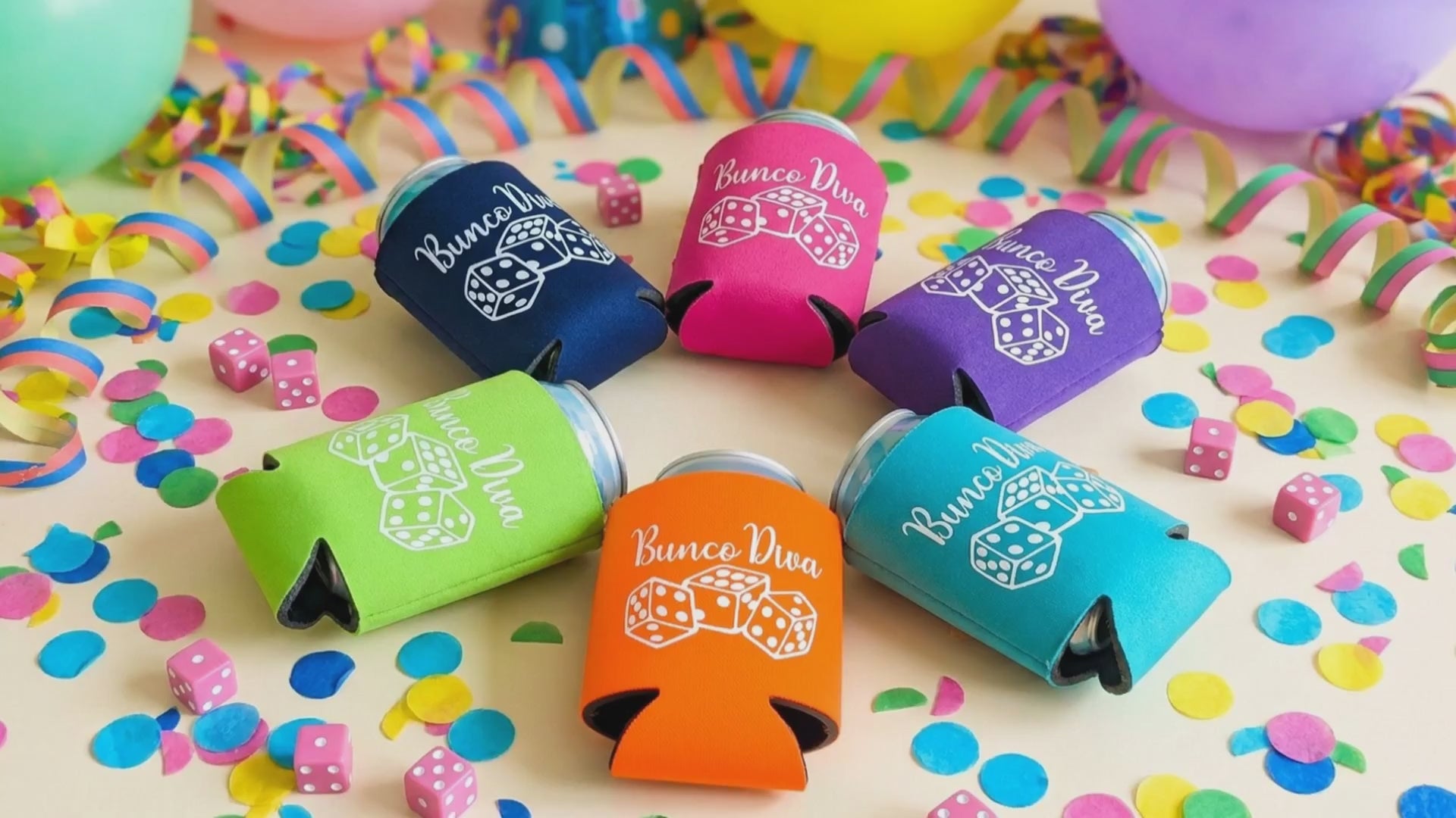 Bunco Diva can koozies 6-pack assorted colors - product video