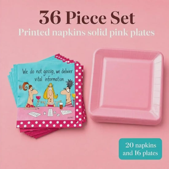 Bunco Gossip Napkins and Pink Plates party set - product video
