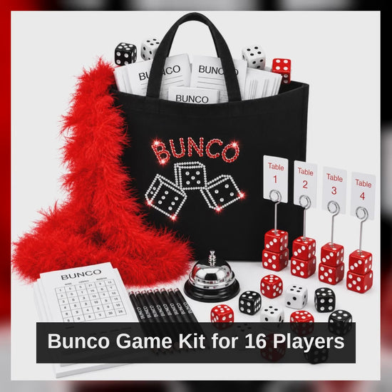 Bunco Game Kit for 16 players with black rhinestone tote product video