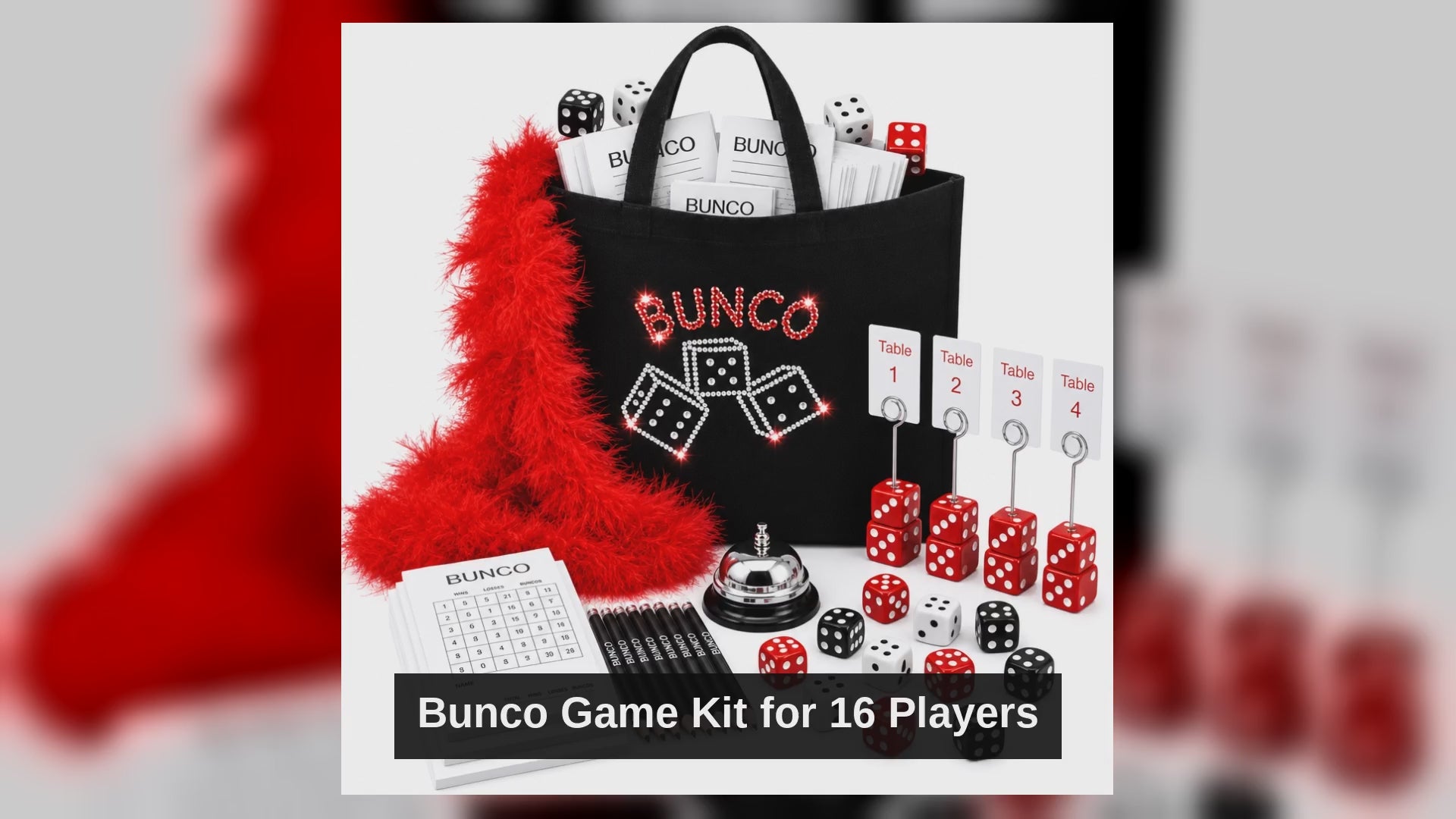 Bunco Game Kit for 16 players with black rhinestone tote product video