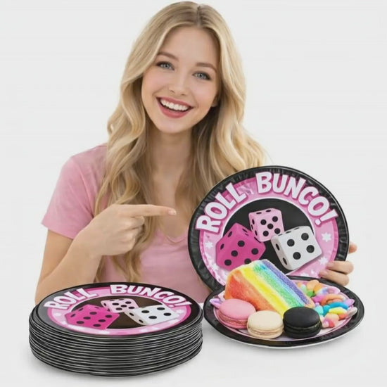 Roll Bunco party paper plates 16-pack - product video